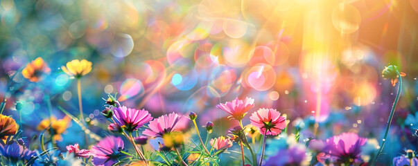 Sticker - Vibrant cosmos blooms in a field, bathed in the golden light of the setting sun