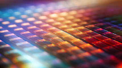 Poster - Macro shot of an iridescent silicon wafer with bokeh effects, ideal for technology display backgrounds.

