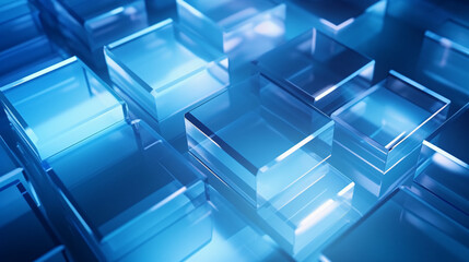Poster - Glass sheets of varying sizes on a blue futuristic background, ideal for technology presentations and displays.


