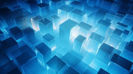 Poster - Glass sheets of varying sizes on a blue futuristic background, ideal for technology presentations and displays.

