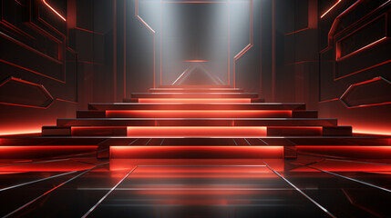 Poster - A silver stage with an abstract geometric background and warm red lighting, ideal for futuristic presentations and product displays.

