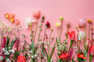 Wall Mural - Cheerful and festive atmosphere is created by a vibrant row of spring flowers arranged on a pink background