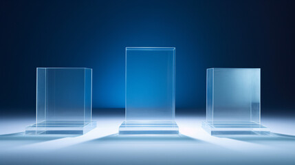Poster - A studio shoot featuring three minimalist frosty glass products on a blue background, ideal for technology presentations.

