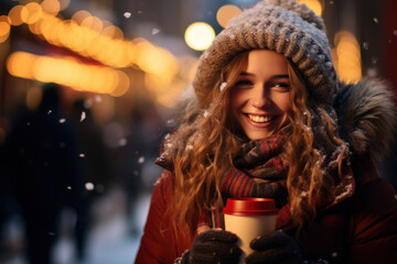 Cheerful young woman in a cozy knit hat, plaid scarf, and gloves, holding a warm drink at a Christmas market. Snow falls gently as glowing holiday lights create a warm background