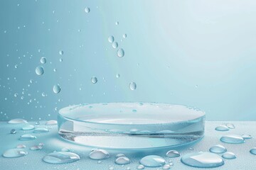 Wall Mural - Circular transparent pedestal surrounded by scattered droplets on a smooth aqua surface, illuminated by soft light, ideal for fresh product presentations