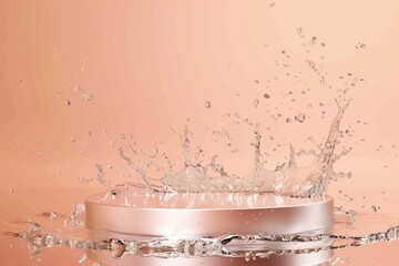 Wall Mural - A sleek rose gold podium surrounded by dynamic water splashes, reflecting light against a soft peach backdrop. Perfect for showcasing premium products