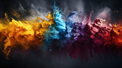 Poster - A textured dispersion effect with earthy metallic tones and splashing colors on a black background, ideal for banner cards.

