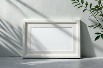 Sticker - A minimalist white frame rests on a light-colored surface, surrounded by soft shadows and green leaves, creating a serene and elegant atmosphere.