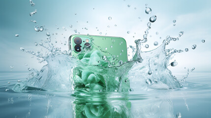 Fototapete - The liquid swirls around a phone on a white and green background, creating a tech-inspired backdrop.

