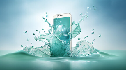 Poster - The liquid swirls around a phone on a white and green background, creating a tech-inspired backdrop.

