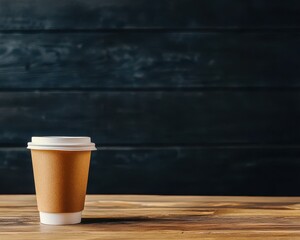 A clean, minimalistic coffee cup on a wooden table against a dark background. Perfect for beverage-related concepts.