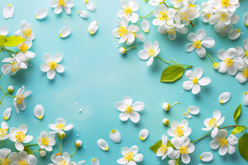 Aufkleber - Delicate white jasmine flowers and green leaves are lying on a textured pastel blue background, forming a frame