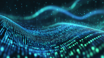 Wall Mural - A digital binary code wave background features abstract blue and green tones, creating a tech-inspired visual.