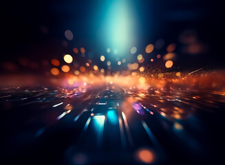 Wall Mural - abstract image featuring vibrant light streaks and bokeh circles against a dark backdrop, creating a