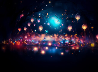 Wall Mural - a magical scene unfolds with glowing lanterns floating above a reflective surface at night. colorful