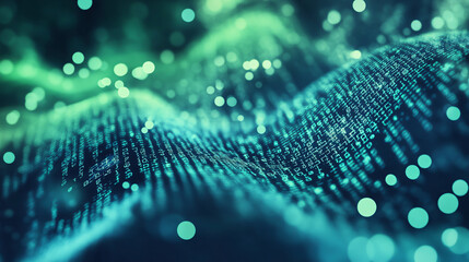 Wall Mural - A digital binary code wave background features abstract blue and green tones, creating a tech-inspired visual.