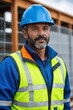 © haiqiang - arafed man in a hard hat and safety vest standing in front of a building
