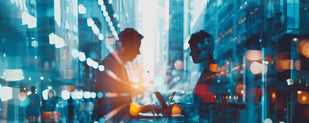 Poster - Two business people working late using laptop in office with modern city lights effect