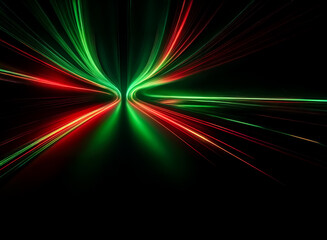 Canvas Print - abstract image featuring dynamic red and green light trails converging on a black backdrop, creating