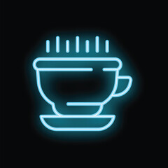 Poster - Bright, glowing neon sign of a steaming hot cup of coffee on a saucer