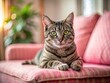 © Autun - A tilt-shift photo captures a cute grey tabby cat, adorably perched on a pink sofa.