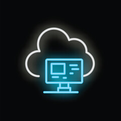 Wall Mural - neon icon of a computer monitor with a cloud symbol above, representing cloud computing and online s