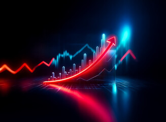 Wall Mural - Glowing red arrow and bar chart ascend against a dark backdrop, symbolizing progress and positive trends. Blue lines indicate fluctuations, all rendered in a vibrant, neon style.