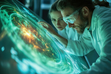 Aufkleber - Scientists meticulously examine a dynamic, data-rich holographic projection, possibly a global network visualization.