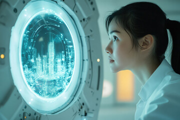 Poster - A woman gazes intently at a futuristic display showing a vibrant, digital city model.