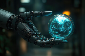 Leinwandbilder - A robotic hand gently cradles a glowing, interconnected world, symbolizing technological advancement and global connection.