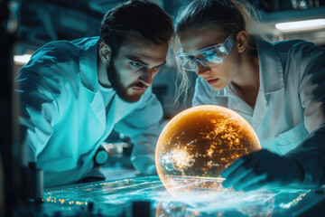 Aufkleber - Two scientists intently examine a glowing holographic Earth, immersed in technological research.