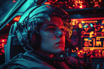 Poster - A futuristic pilot wearing a high-tech helmet inside a spaceship cockpit.