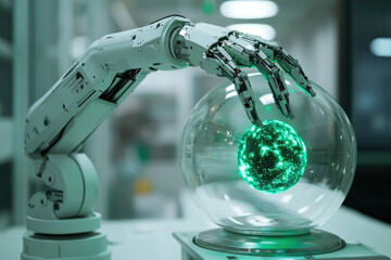 Poster - A robotic arm delicately interacts with a glowing sphere encased in glass, symbolizing technological advancement and scientific discovery.