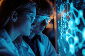 Aufkleber - Two scientists in lab coats analyze a complex, glowing data network on a screen.