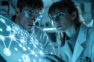 Poster - Two scientists in lab coats examine a glowing interactive display showing a complex network.