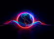 © joeycheung - Glowing globe with vibrant neon lights outlines continents.  Circular energy waves pulse around the Earth against a dark backdrop, creating a futuristic, digital aesthetic.