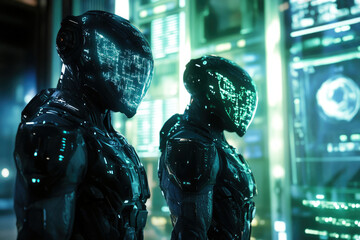Poster - Two futuristic soldiers in high-tech armor stand before a glowing digital screen, embodying advanced warfare.