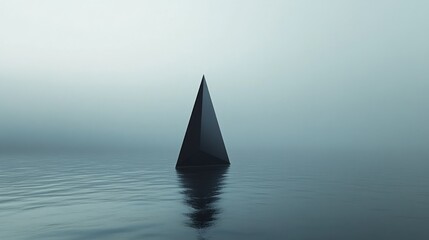 Wall Mural - A solitary black pyramid rises from a calm, misty water surface, evoking mystery and tranquility.