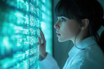 Fototapete - A young woman examines a large screen displaying lines of code, engrossed in programming or data analysis.