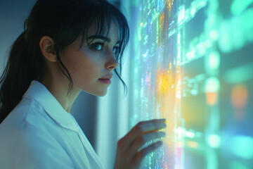 Poster - A woman in a white lab coat examines a large interactive screen filled with data and code.