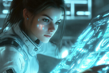 Poster - A futuristic woman in a white spacesuit examines a glowing holographic interface.