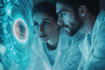 Poster - Two scientists intently study a holographic planetary model, analyzing its data and intricacies.