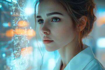 Poster - A young woman gazes intently at a futuristic, data-rich holographic display.