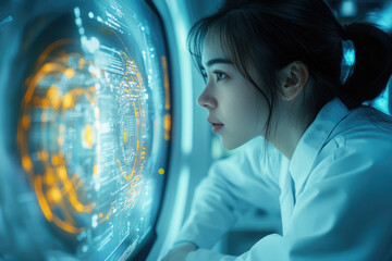 Aufkleber - A female scientist intensely studies a futuristic holographic display filled with complex data visualizations.