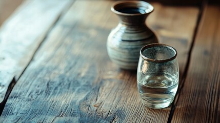 Wall Mural - Glass of sake with traditional ceramic flask on a wooden table.