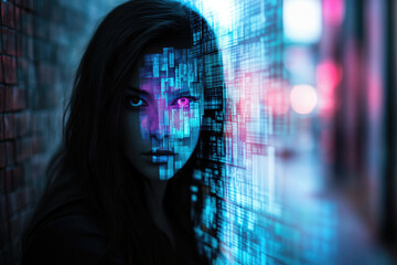 Aufkleber - A woman's face merges with a futuristic digital code, creating a captivating cyberpunk aesthetic.