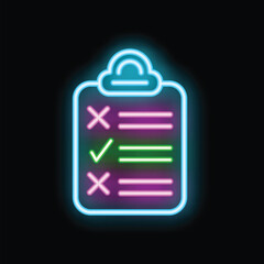 Wall Mural - Glowing neon clipboard showing check marks for completed tasks on a black background