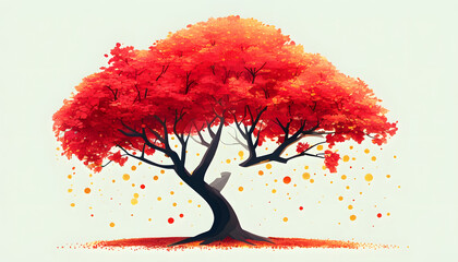 Wall Mural - Red Autumn Tree with Falling Leaves