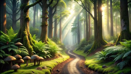 Wall Mural - Sunlit Path Winding Through a Mystical Forest of Ancient Trees and Lush Ferns