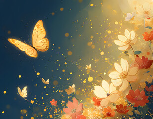 Sticker - Golden Butterfly and Flowers